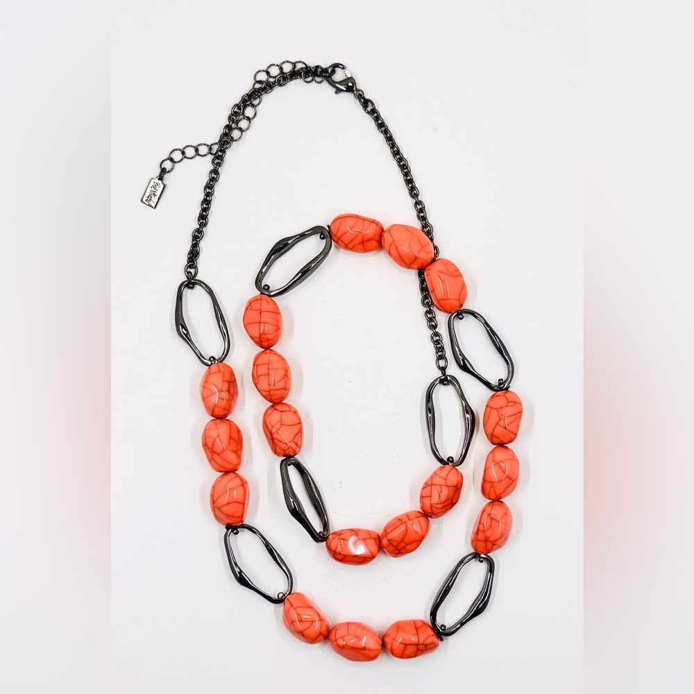 Bob Mackie Gunmetal & Spiny Oyster Coral Tone Beaded Chunky Necklace 30-33”